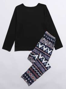 Girls Contrast Geo Panel Tee & Trousers PJ Set - Multicolor - View 2