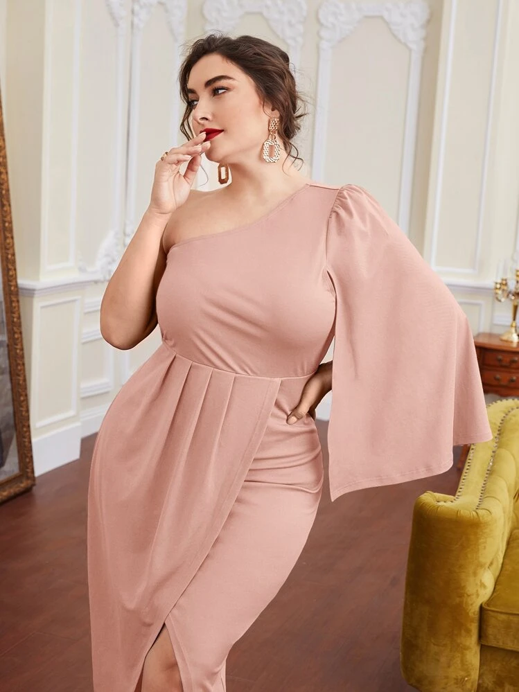 shein one shoulder cloak sleeve wrap hem solid dress SHEIN Plus One Shoulder Cloak Sleeve Wrap Dress