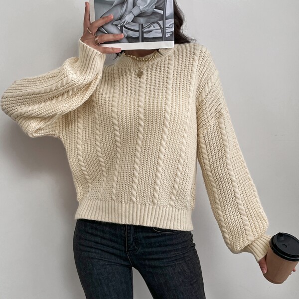 

Cable Knit Drop Shoulder Sweater, Apricot