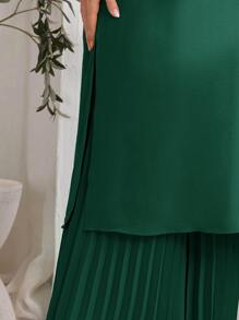 Mulvari Vestido cuello de volante bajo con abertura & Pantalones de pierna ancha fruncido - Verde Oscuro - Ver 5