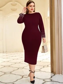 Modelyn Váy bó sát đính ngọc trai đỏ Burgundy - Màu Đỏ Sâu - Xem 1