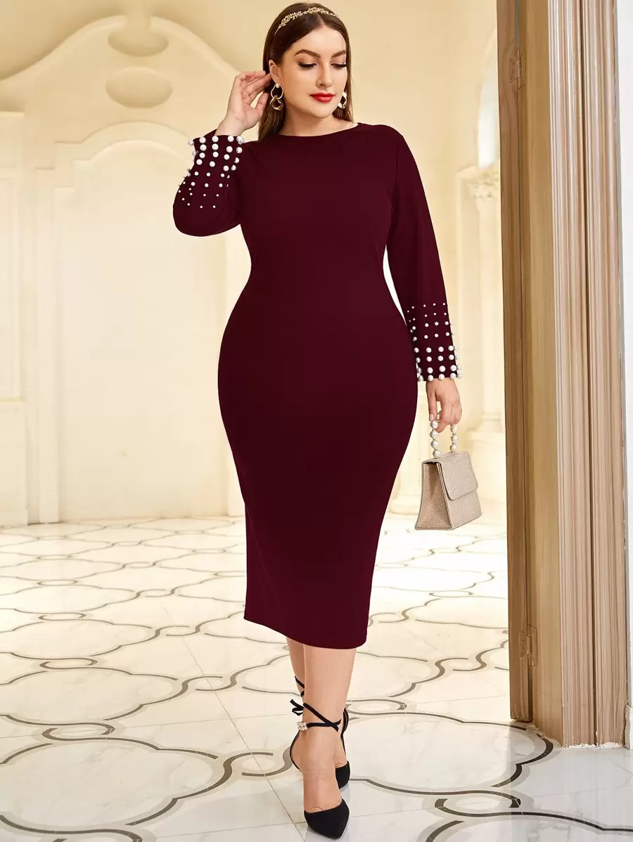 Modelyn Váy bó sát đính ngọc trai đỏ Burgundy - Màu Đỏ Sâu - Xem 1