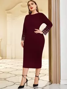 Modelyn Váy bó sát đính ngọc trai đỏ Burgundy - Màu Đỏ Sâu - Xem 3