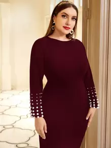 Modelyn Váy bó sát đính ngọc trai đỏ Burgundy - Màu Đỏ Sâu - Xem 4