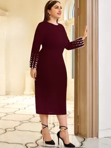 Modelyn Váy bó sát đính ngọc trai đỏ Burgundy - Màu Đỏ Sâu - Xem 5