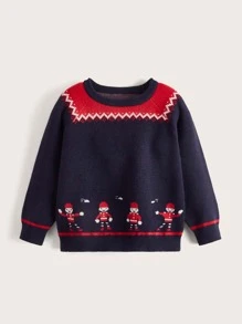 SHEIN Toddler Boys Christmas Pattern Raglan Sleeve Sweater - Navy Blue - View 1
