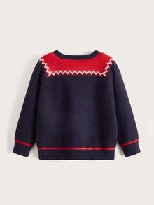 SHEIN Toddler Boys Christmas Pattern Raglan Sleeve Sweater - Navy Blue - View 2