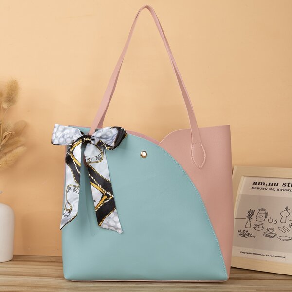 

Two Tone Twilly Scarf Decor Shoulder Tote Bag, Multicolor