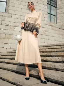 Modelyn Bộ đồ hai mảnh nữ Tương phản ren Khối Màu Thanh lịch - Màu be - Xem 1