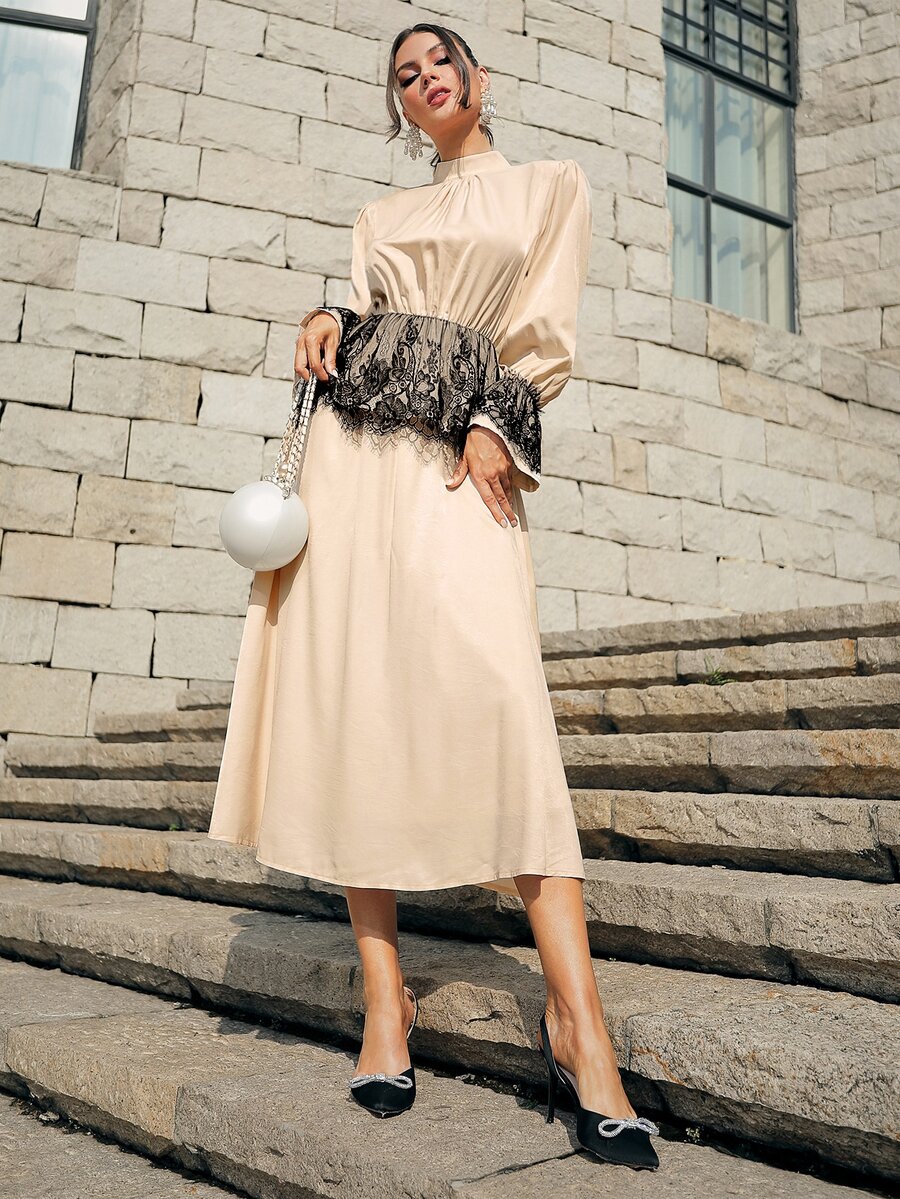 Modelyn Bộ đồ hai mảnh nữ Tương phản ren Khối Màu Thanh lịch - Màu be - Xem 1