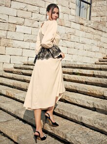 Modelyn Bộ đồ hai mảnh nữ Tương phản ren Khối Màu Thanh lịch - Màu be - Xem 2