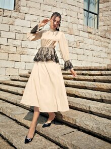 Modelyn Bộ đồ hai mảnh nữ Tương phản ren Khối Màu Thanh lịch - Màu be - Xem 3