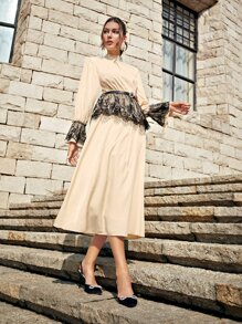 Modelyn Bộ đồ hai mảnh nữ Tương phản ren Khối Màu Thanh lịch - Màu be - Xem 4