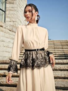 Modelyn Bộ đồ hai mảnh nữ Tương phản ren Khối Màu Thanh lịch - Màu be - Xem 5