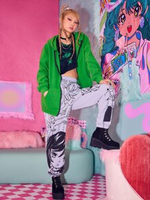 ROMWE Kawaii 3D Ear Zip Up Pocket Hoodie - Green - View 2