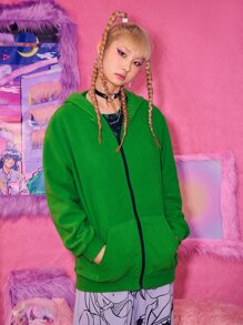 ROMWE Kawaii 3D Ear Zip Up Pocket Hoodie - Green - View 6