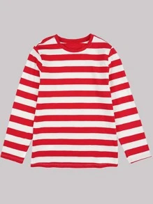Camiseta de manga larga a rayas casual para niños, cómoda - Rojo y blanco - Ver 1