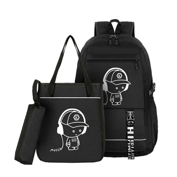 

3pcs Men Cartoon Graphic Backpack Set, Black