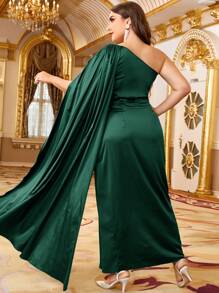 SHEIN Plus One Shoulder Satin Cape Dress - Dark Green - View 1