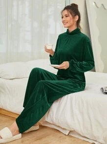 SHEIN Unity Bộ đồ hai mảnh nữ màu trơn Giải trí - Màu xanh lá cây đậm - Xem 1