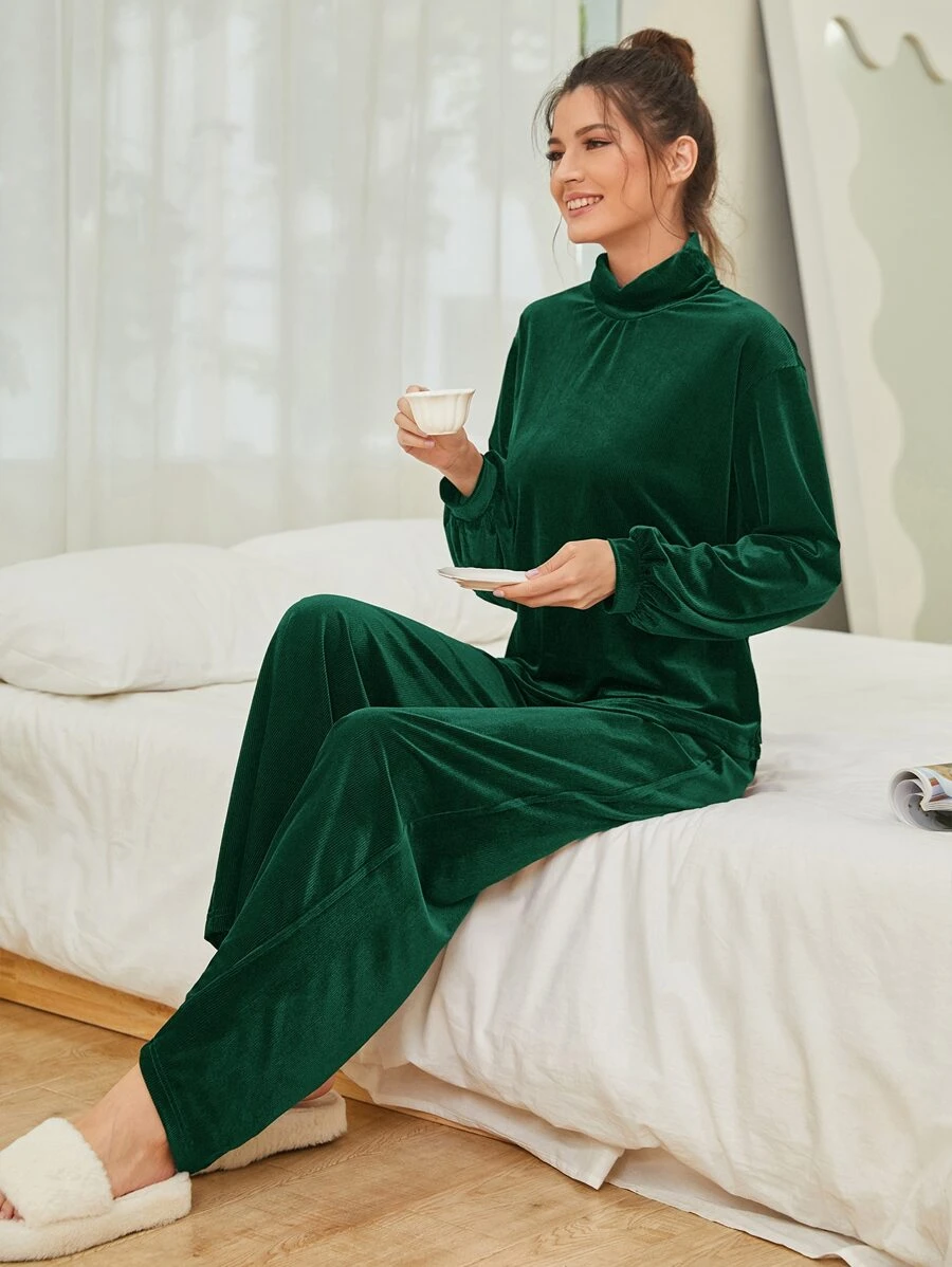 SHEIN Unity Bộ đồ hai mảnh nữ màu trơn Giải trí - Màu xanh lá cây đậm - Xem 1