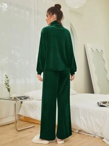 SHEIN Unity Bộ đồ hai mảnh nữ màu trơn Giải trí - Màu xanh lá cây đậm - Xem 2