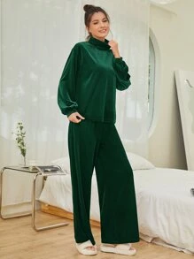 SHEIN Unity Bộ đồ hai mảnh nữ màu trơn Giải trí - Màu xanh lá cây đậm - Xem 3