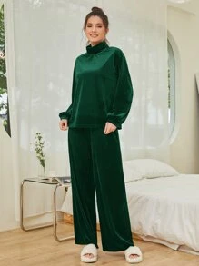 SHEIN Unity Bộ đồ hai mảnh nữ màu trơn Giải trí - Màu xanh lá cây đậm - Xem 4