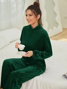 SHEIN Unity Bộ đồ hai mảnh nữ màu trơn Giải trí - Màu xanh lá cây đậm - Xem 5