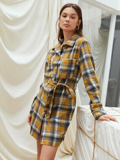 SHEIN Unity Abrigo con estampado de tartán con cinturón