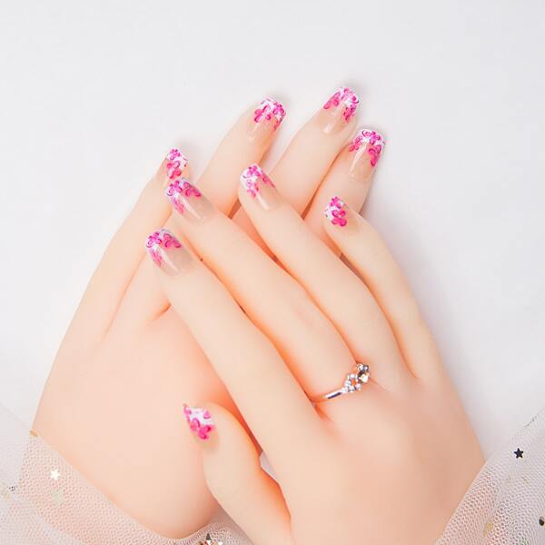 

24pcs Floral Pattern Fake Nail & 1sheet Tape & 1pc Nail File, Multicolor