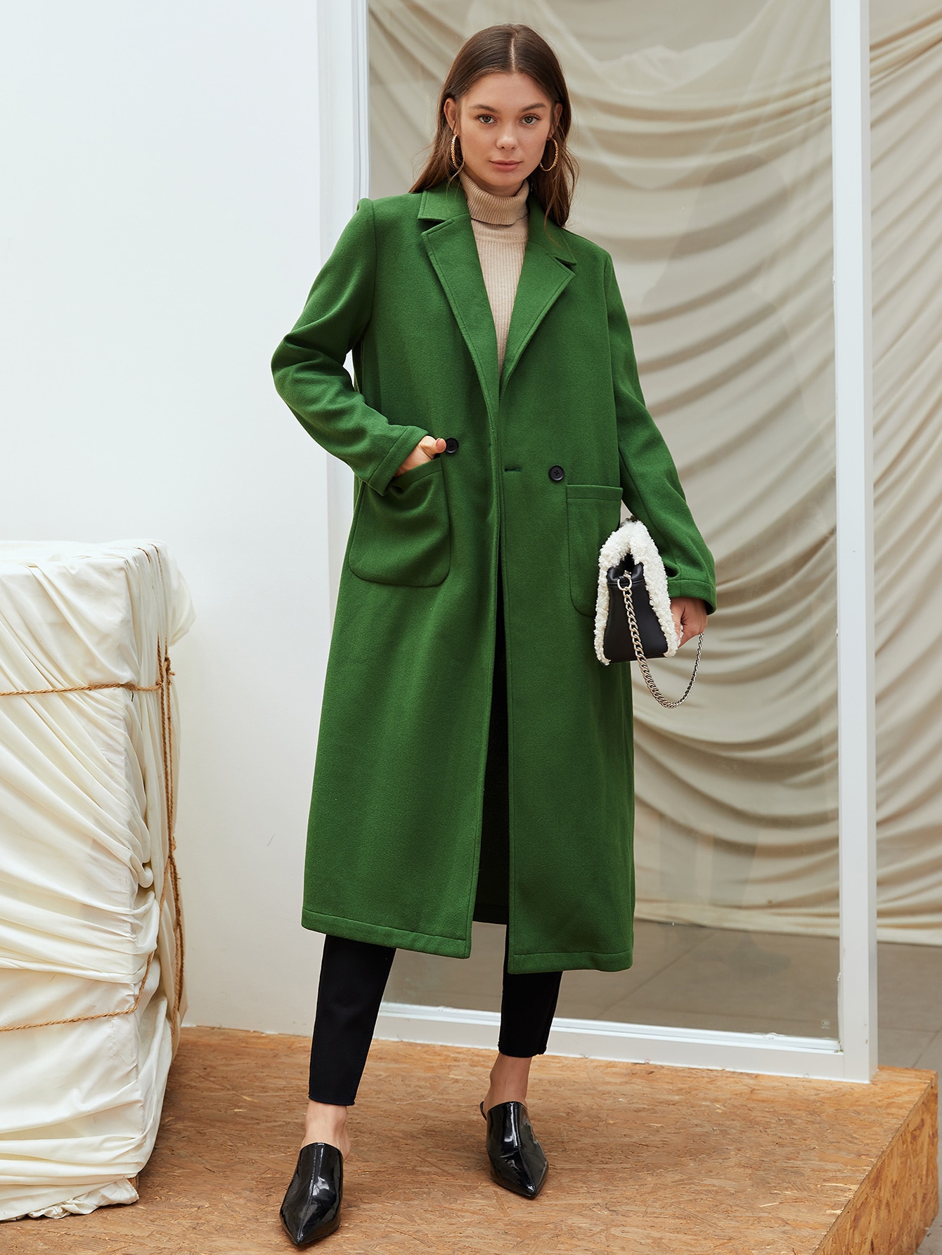 SHEIN Dual Pocket Double Button Longline Overcoat SHEIN UK