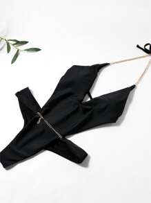 SHEIN Swim Summer Beach Chain Linked Plunging One Piece Swimsuit - Black - View 2