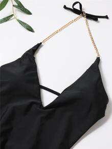 SHEIN Swim Summer Beach Chain Linked Plunging One Piece Swimsuit - Black - View 3