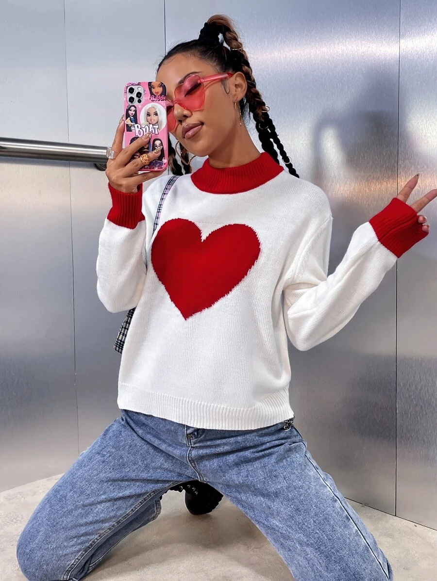 Jersey con patrón de corazón de cuello alzado - Blanco - Ver 1
