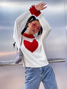 Jersey con patrón de corazón de cuello alzado - Blanco - Ver 3