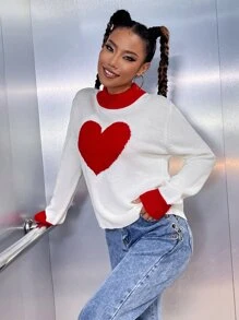 Jersey con patrón de corazón de cuello alzado - Blanco - Ver 4
