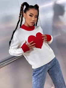 Jersey con patrón de corazón de cuello alzado - Blanco - Ver 5