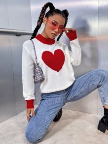 Jersey con patrón de corazón de cuello alzado - Blanco - Ver 6