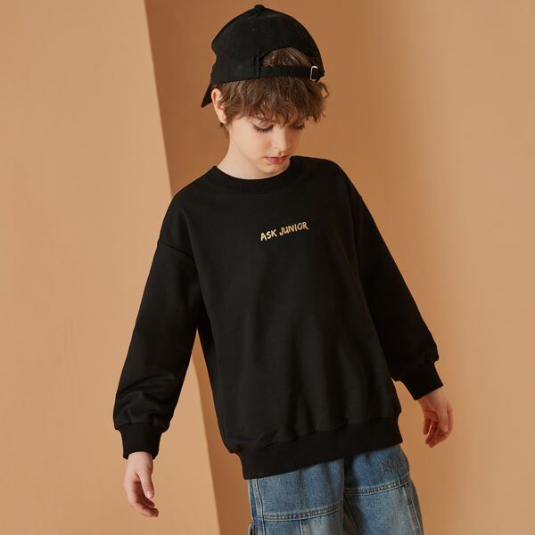 

Boys Gold Letter & Wings Print Drop Shoulder Pullover, Black