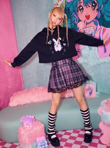 ROMWE Kawaii Contrast Lace Plaid Lace Up Skirt - Multicolor - View 2