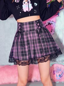 ROMWE Kawaii Contrast Lace Plaid Lace Up Skirt - Multicolor - View 3