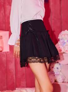 ROMWE Kawaii Váy nữ Tương phản ren Ren lên màu trơn Giải trí - màu đen - Xem 4