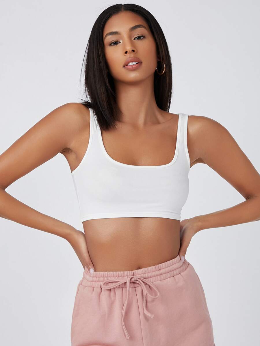 SHEIN BASICS Double Scoop Neck Solid Crop Tank Top - White - View 1