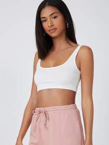 SHEIN BASICS Double Scoop Neck Solid Crop Tank Top - White - View 4