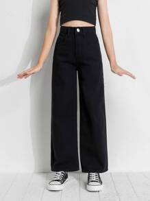SHEIN Tween Girl Basic Loose Wide Leg Jeans For Daily Wear Summer Holiday - Black - View 7