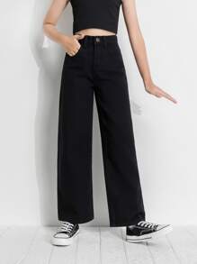 SHEIN Tween Girl Basic Loose Wide Leg Jeans For Daily Wear Summer Holiday - Black - View 4