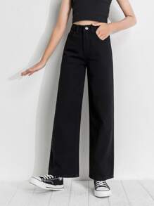 SHEIN Tween Girl Basic Loose Wide Leg Jeans For Daily Wear Summer Holiday - Black - View 6