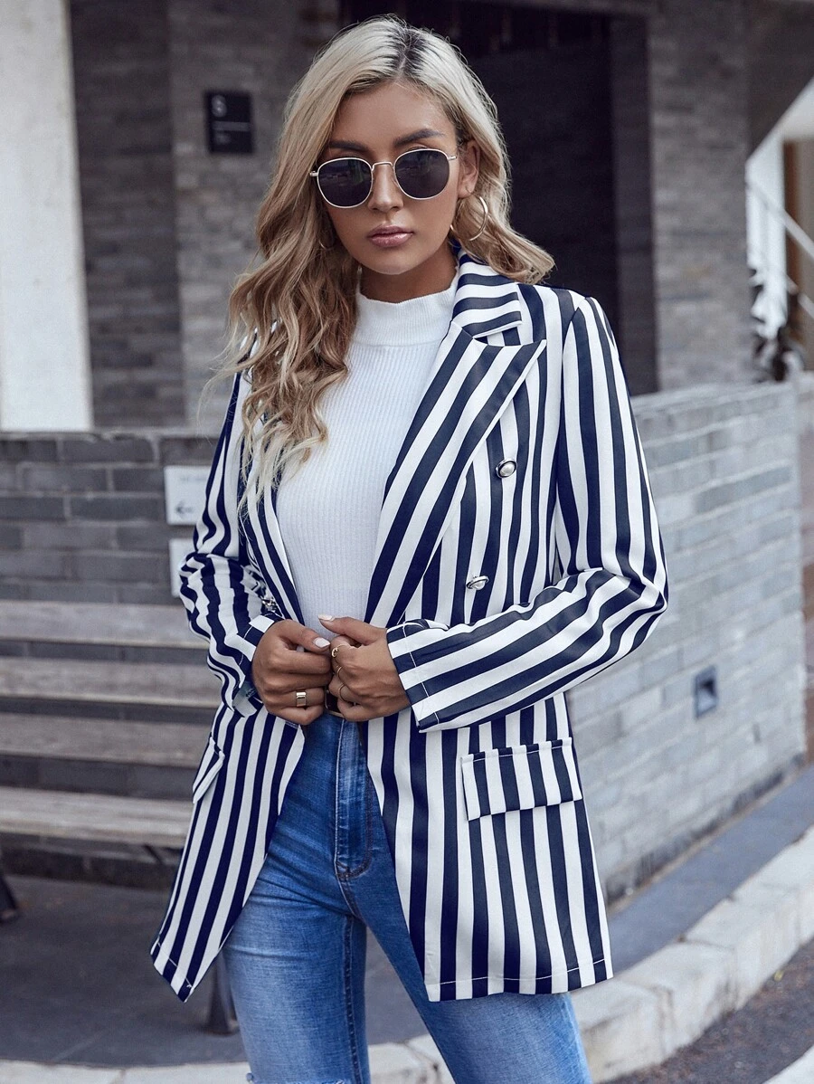 Blazer de rayas de cuello con solapa con botones - Azul y blanco - Ver 1