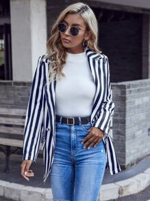 Blazer de rayas de cuello con solapa con botones - Azul y blanco - Ver 3